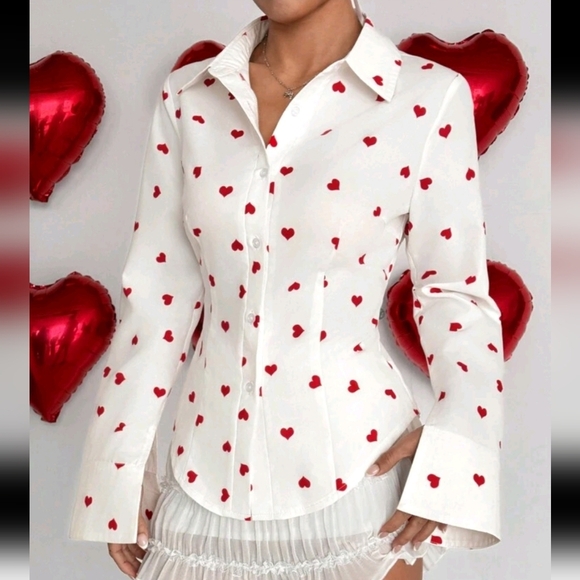 Heart Printed Simple Fitted Blouse For Women, Valentine's Day - Picture 1 of 4